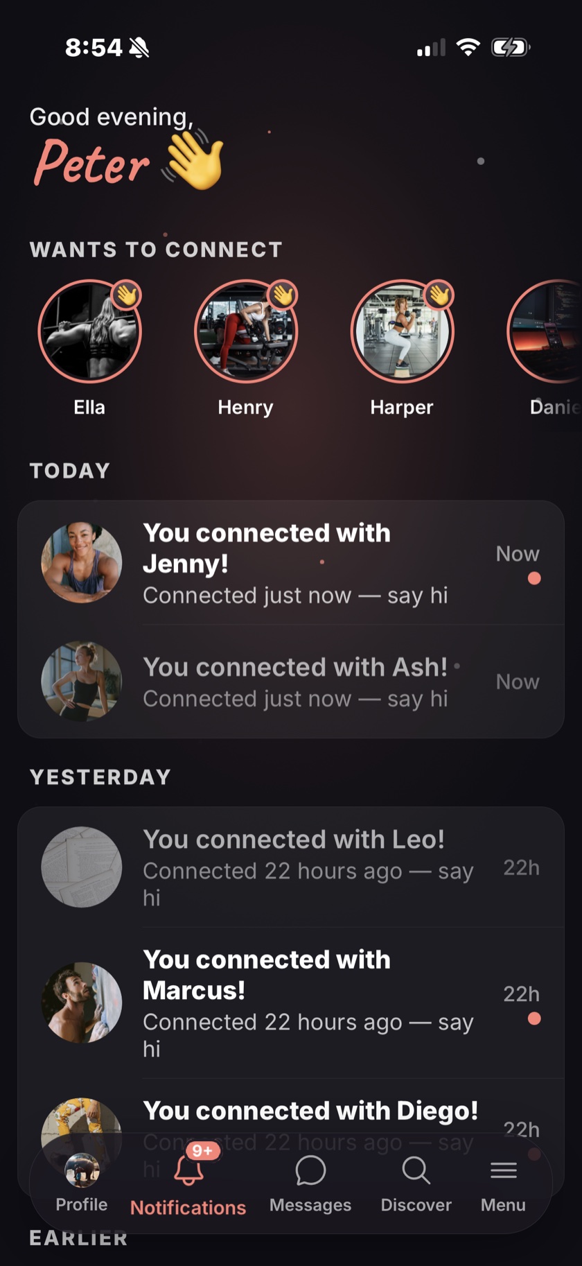 The Compa notifications feed — 'Good morning, Peter', a 'Wants to connect' avatar row, and an 'Earlier' list of new connections.