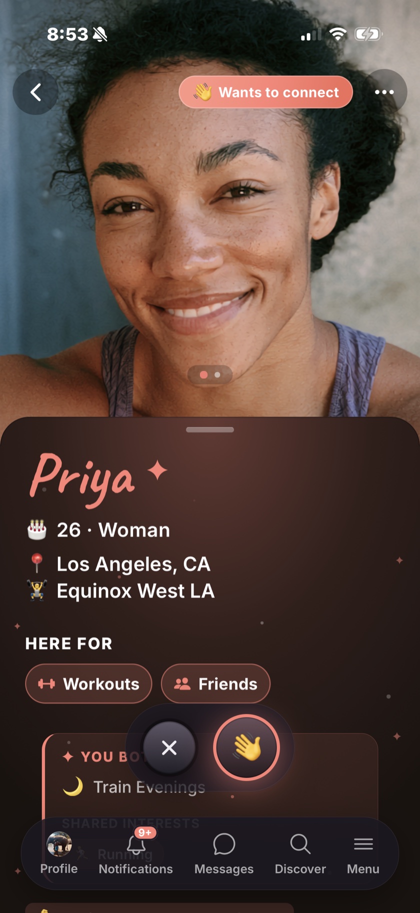 A Compa member profile — Priya, 26, in Los Angeles, with a coral 'Wants to connect' pill.