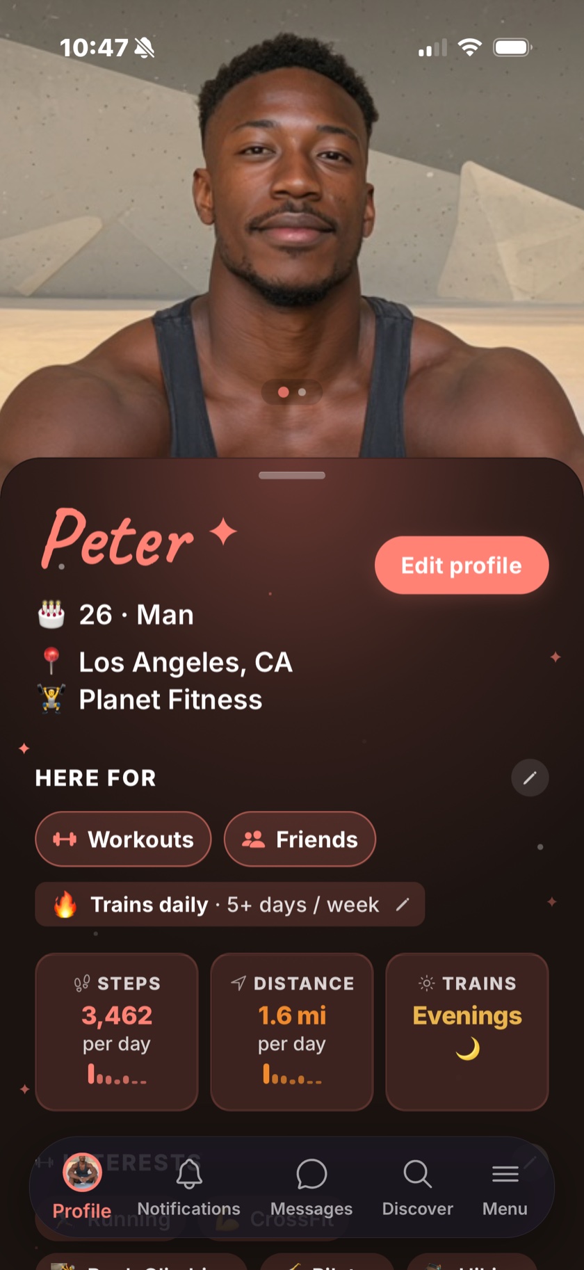 Your own Compa profile — your photo, name, what you're here for, your training cadence, and Steps / Distance / Trains tiles.